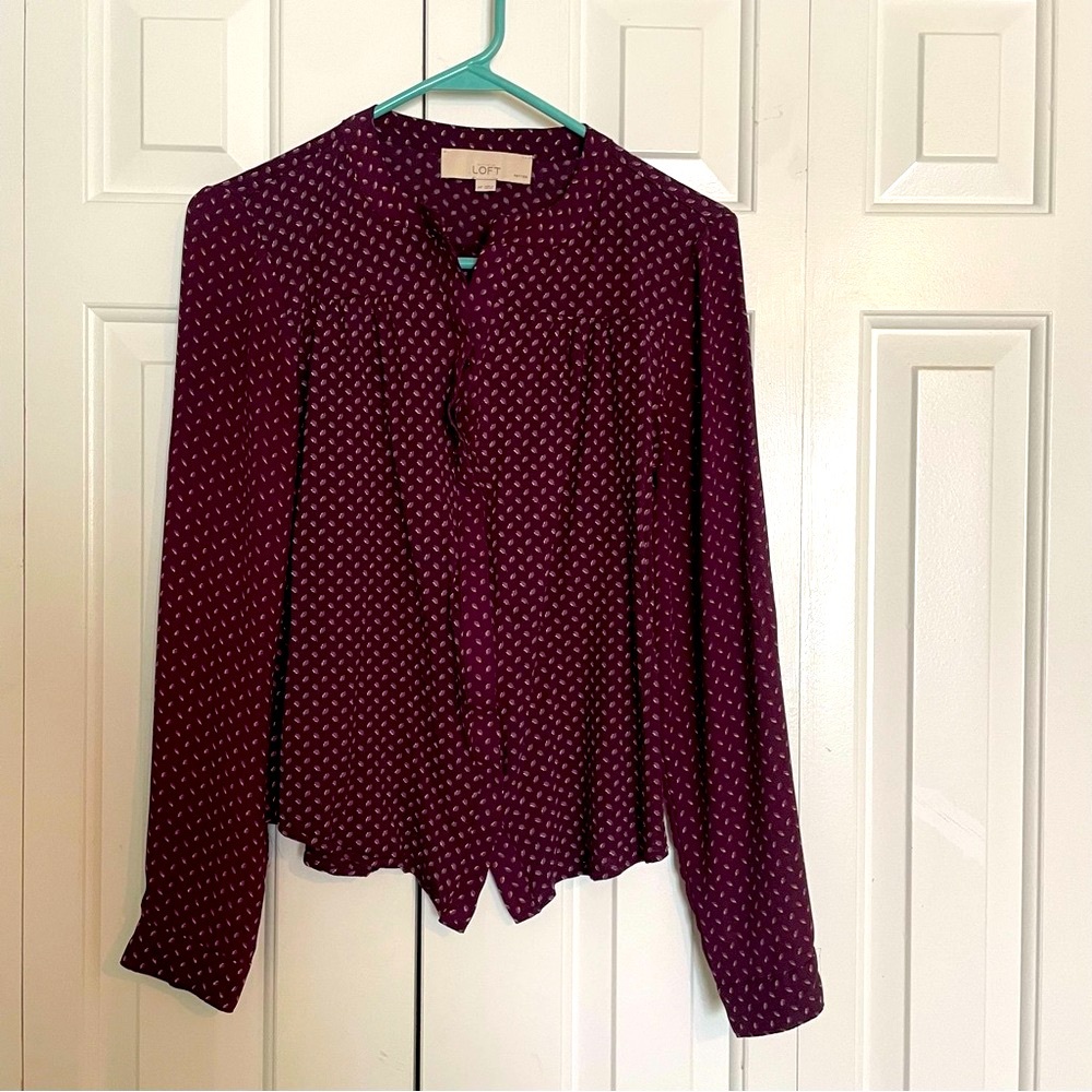 LOFT Plum Printed Long-Sleeve Blouse